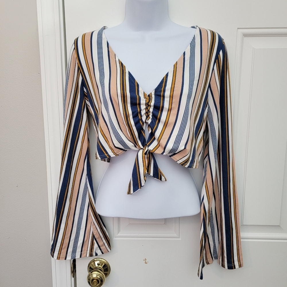 Akira Long Bell Sleeve Striped Tie Front Women's Crop Top Colorful Party Size M